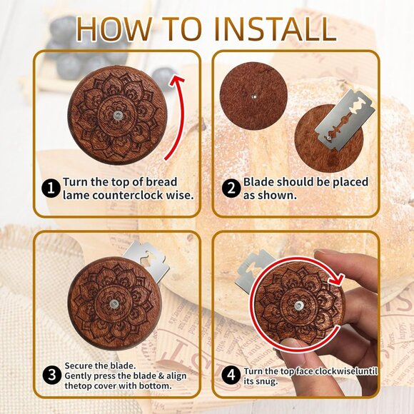 Wooden Lame Bread Scoring Tool with 5 Razor Blades and Leather Storage Cover - Picture 5 of 7